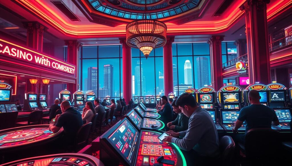 A vibrant and dynamic online casino scene, with sleek and modern gaming tables, flashing neon lights, and an energetic atmosphere. The foreground features players engrossed in various casino games, their faces illuminated by the glow of screens and screens. In the middle ground, a grand, high-ceilinged casino lobby with towering columns and ornate decor, creating a sense of grandeur and opulence. The background showcases the city skyline outside, with skyscrapers and neon signs, reflecting the excitement and glamour of the online gambling industry. The lighting is dramatic, with sharp contrasts and saturated colors, conveying the thrill and anticipation of the latest casino news and trends.