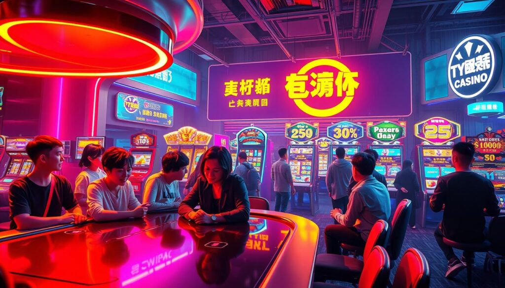 A vibrant and dynamic scene depicting the excitement of a popular online casino's promotional event. In the foreground, a group of enthusiastic Taiwanese players gather around a sleek, high-contrast gaming table, their faces lit by the warm glow of the overhead lighting. In the middle ground, an array of colorful, animated slot machines and digital displays showcase the latest promotions and bonuses, creating a sense of energy and anticipation. The background features a stylized, minimalist interpretation of the casino's branding, with clean lines and a palette of bold, contrasting colors that evoke the thrill of the gaming experience. The overall composition conveys the psychological allure of casino gaming for Taiwanese players, with a focus on the excitement, camaraderie, and potential rewards of participating in these popular promotional events.
