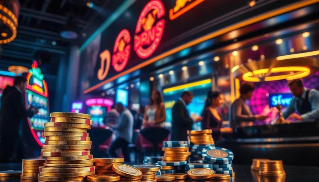 A vibrant and dynamic scene depicting the four key factors to consider when choosing an online entertainment casino. In the foreground, a stack of gold coins and casino chips symbolize the importance of gaming rewards and bonuses. In the middle ground, a group of diverse players engaged in various casino games - slots, poker, and roulette - represent the variety of entertainment options. In the background, a sleek and modern casino facade with neon lights conveys the atmosphere of luxury and excitement. Dramatic lighting casts dramatic shadows, creating a sense of high stakes and suspense. The overall composition communicates the thrill, strategy, and potential winnings that draw players to the best online entertainment casinos.