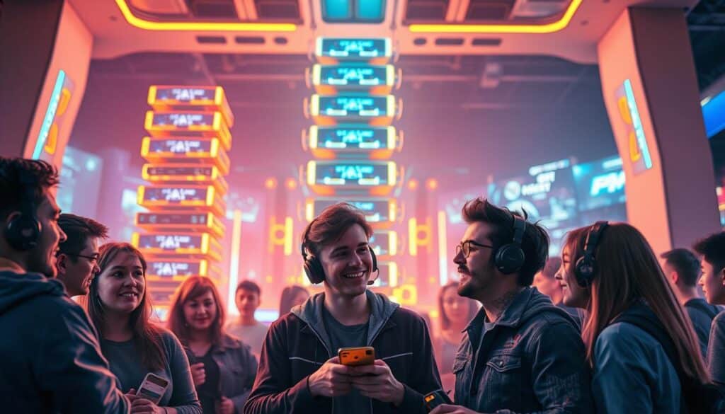 A vibrant and dynamic scene depicting the importance of player feedback in the online gaming industry. In the foreground, a group of gamers enthusiastically sharing their thoughts and experiences, their expressions conveying a sense of genuine engagement and investment. The middle ground features a towering stack of glowing digital devices, symbolizing the vast network of player interactions and the continuous flow of feedback. In the background, a sleek and modern gaming interface projects a sense of technological sophistication, underscoring the industry's responsiveness to player needs. Warm, diffused lighting illuminates the scene, creating a welcoming and immersive atmosphere that invites the viewer to explore the interconnected world of player-developer collaboration.