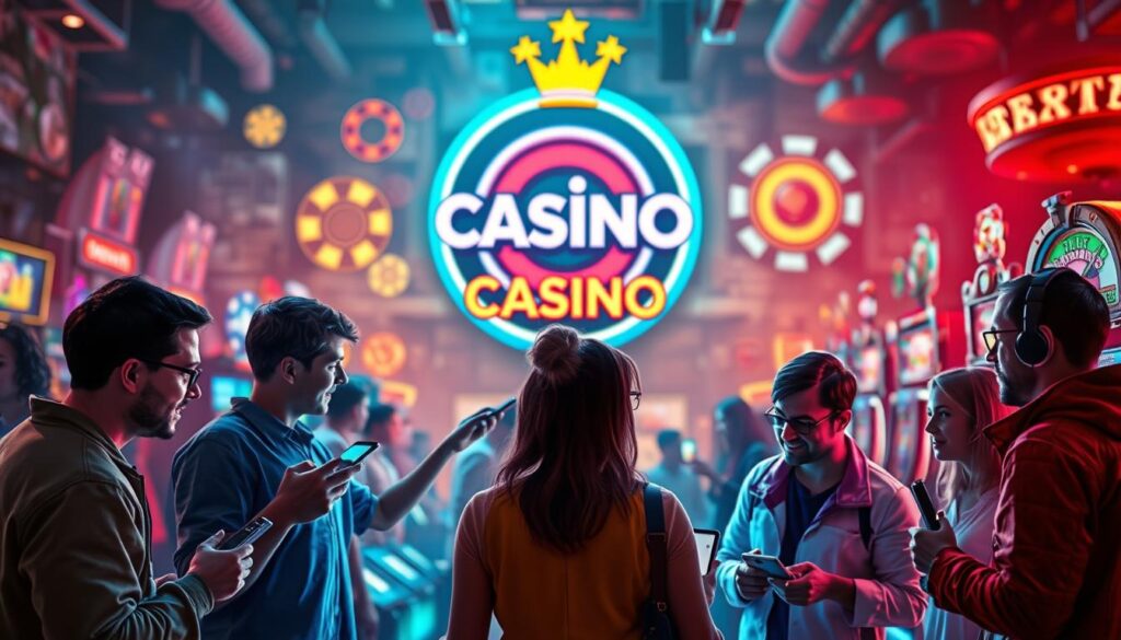 A vibrant and dynamic scene depicting the importance of player reviews in selecting an online casino. In the foreground, a group of gamers enthusiastically discussing their experiences, gesturing animatedly and comparing their mobile devices. In the middle ground, a larger-than-life casino logo looms, representing the various entertainment options available. The background is a patchwork of casino-themed elements, such as spinning slot machine reels, poker chips, and neon signage, all bathed in a warm, inviting glow. The overall mood is one of engagement, excitement, and the weight of player feedback in shaping the online casino landscape.
