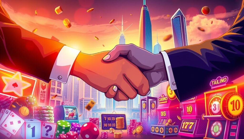 A vibrant and dynamic scene depicting the main purpose of online casino game promotions. In the foreground, a stylized illustration of two hands clasped together in a handshake, symbolizing the mutual benefits between the casino and the player. In the middle ground, an array of colorful gaming icons and symbols, such as playing cards, dice, and slot machine reels, conveying the excitement and allure of the promotional offers. In the background, a sleek and modern cityscape with towering skyscrapers, hinting at the scale and sophistication of the online gambling industry. The overall composition is bathed in a warm, golden light, creating a sense of prosperity and opportunity. The image should exude a mood of engagement, enticement, and the promise of rewarding experiences for Taiwanese players.