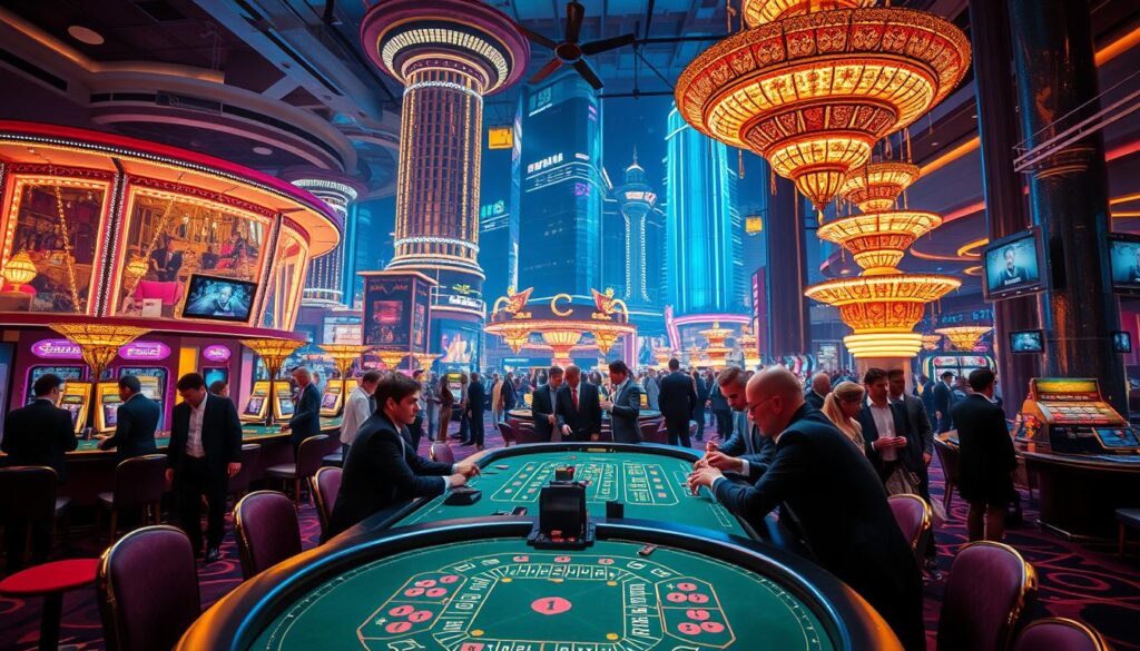 A vibrant and dynamic scene depicting the popularity of modern baccarat gaming. In the foreground, a high-stakes baccarat table is illuminated by the warm glow of casino lighting, with players engrossed in the thrilling game. The middle ground showcases the bustling atmosphere of the casino, with smartly dressed patrons mingling and observing the action. In the background, the towering architecture and glittering décor of the modern casino create a sense of grandeur and excitement. The overall scene conveys the allure and widespread appeal of contemporary baccarat, a timeless gambling classic that continues to captivate players worldwide.