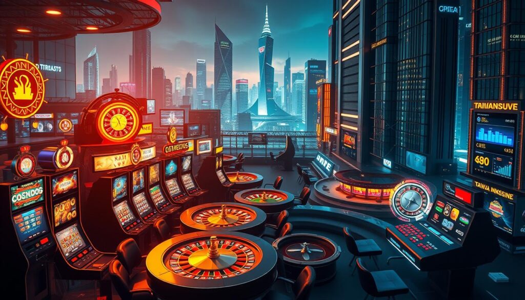 A vibrant and dynamic scene depicting the trends in the Taiwanese online gambling industry. In the foreground, a cluster of diverse casino games including slot machines, roulette wheels, and poker tables, illuminated by warm, golden lighting that creates a sense of excitement and anticipation. In the middle ground, a sleek, futuristic interface showcasing data visualizations and market analytics, reflecting the data-driven nature of the industry. In the background, a cityscape of towering skyscrapers and neon-lit streets, symbolizing the urban, high-tech landscape in which the online gambling market thrives. The overall composition conveys the rapid growth, technological sophistication, and diverse offerings that characterize the Taiwanese online gambling industry in 2023.