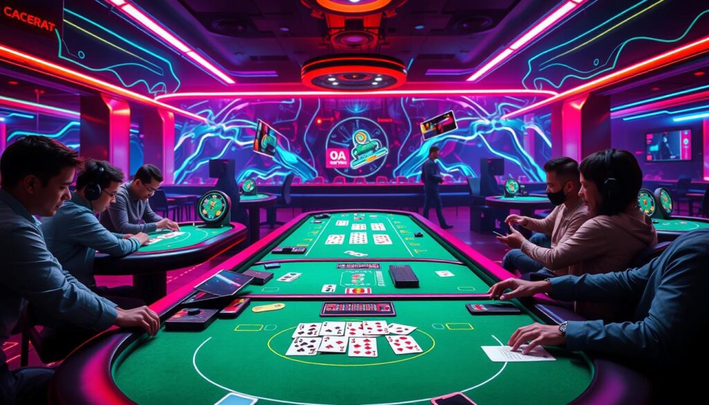 A vibrant and dynamic scene of an online baccarat game, showcasing its distinct advantages. In the foreground, a sleek and modern gaming interface with elegant green felt tables, captivating players immersed in the excitement of the cards. The middle ground features an array of mobile devices and laptops, highlighting the convenience and accessibility of playing baccarat online. The background is a stylized representation of the digital realm, with fluid, neon-infused lines and shapes, symbolizing the seamless integration of technology and gameplay. The overall atmosphere exudes a sense of sophistication, innovation, and the thrill of the game, perfectly capturing the essence of the "Advantages of Online Baccarat Gaming" section.