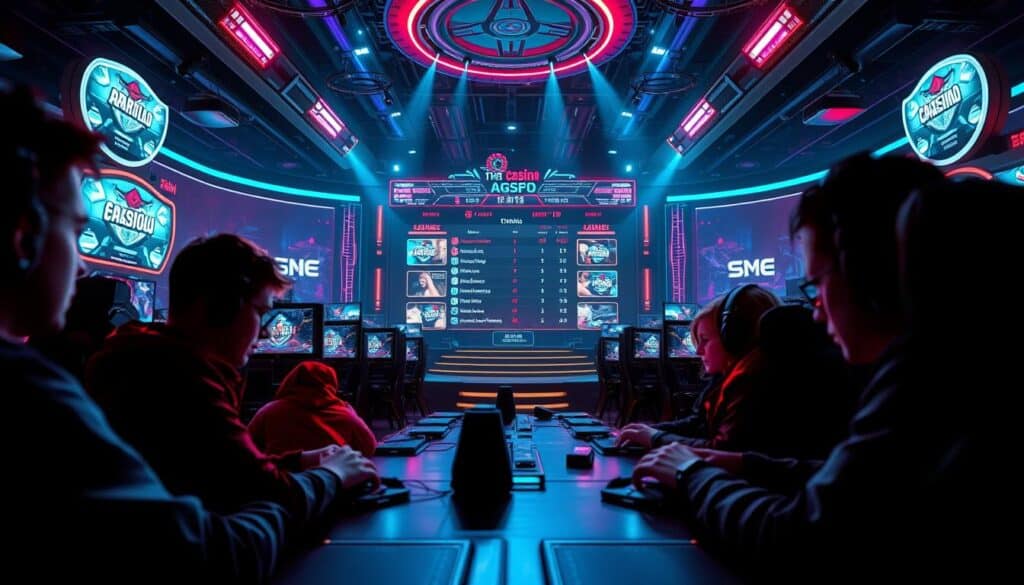 A vibrant and dynamic scene of an online gaming competition in a virtual casino. In the foreground, a group of skilled players intensely focused on their screens, their faces illuminated by the glow of the high-definition displays. In the middle ground, a central stage with a large, eye-catching leaderboard displaying the scores and rankings of the participants. The background is filled with a futuristic and immersive casino environment, complete with neon lights, sleek designs, and a sense of excitement and anticipation. The lighting is dramatic, with sharp contrasts and deep shadows, creating a sense of tension and drama. The overall atmosphere is one of fierce competition, technological sophistication, and the thrill of high-stakes gaming.