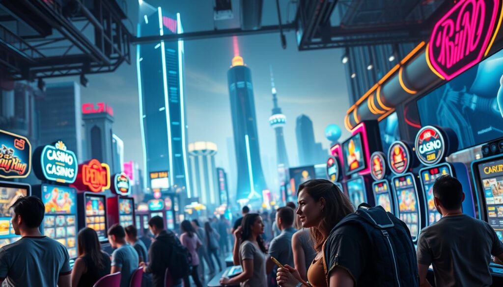 A vibrant and dynamic scene of the rise of online entertainment casinos. In the foreground, a group of people immersed in various casino games, their expressions a mix of excitement and anticipation. The middle ground showcases the sleek and modern interfaces of the casino platforms, with neon-lit displays and interactive elements. In the background, a cityscape of towering skyscrapers and futuristic architecture, symbolizing the rapid growth and integration of these digital entertainment hubs into the urban landscape. The lighting is a balance of warm, inviting tones and cool, futuristic accents, creating an atmosphere of both glamour and technological innovation. The perspective is slightly elevated, providing a panoramic view of this evolving entertainment ecosystem.