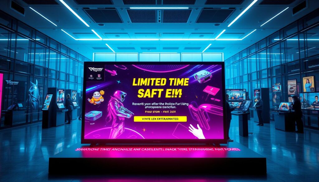 A vibrant and dynamic scene showcasing a strategic promotional campaign for an online entertainment hub. In the foreground, a central banner display presents a compelling limited-time offer, with eye-catching graphics and vivid colors. The middle ground features interactive kiosks and engaging interfaces, inviting users to explore the available promotions. The background depicts a sleek, modern office environment, with floor-to-ceiling windows and a sophisticated color palette, creating an atmosphere of professionalism and innovation. The lighting is crisp and directional, highlighting the key elements and drawing the viewer's attention to the promotional strategy. The overall composition conveys a sense of excitement, innovation, and a well-executed marketing plan tailored to the target audience.