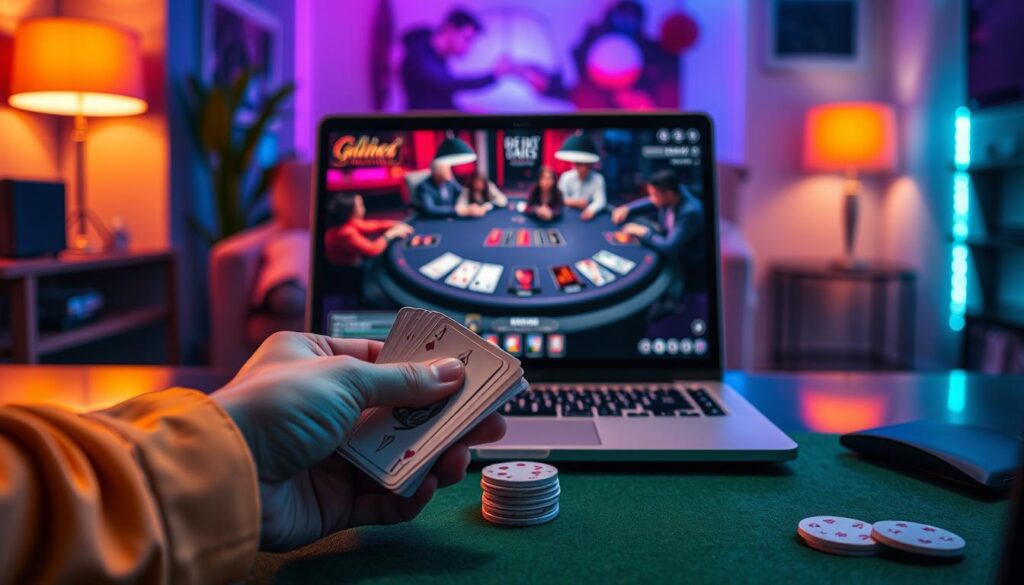 A vibrant and dynamic scene showcasing the advantages of online poker. In the foreground, a pair of hands skillfully shuffle a deck of cards, their movements crisp and precise. The middle ground features a sleek, modern laptop display, the screen displaying a virtual poker table with players engaged in a tense game. In the background, a warm, ambient lighting creates a cozy atmosphere, with hints of a comfortable home or gaming setup visible. The overall composition conveys the convenience, accessibility, and immersive experience of online poker, inviting the viewer to imagine themselves participating in the thrill of the game from the comfort of their own space.