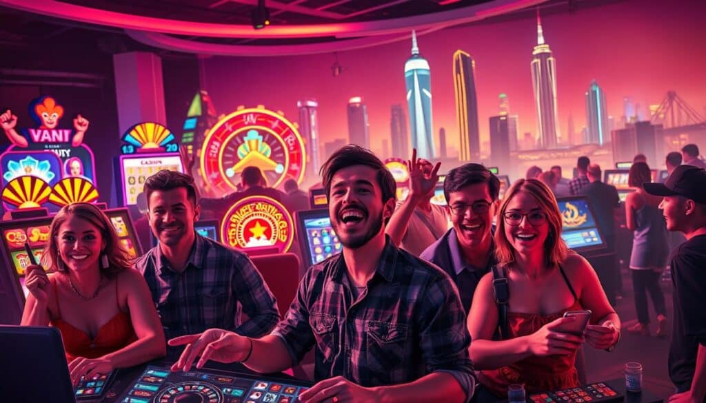 A vibrant and dynamic scene showcasing the diverse experiences of online casino players. The foreground depicts a group of enthusiastic players engaged in various casino games, their expressions conveying a sense of excitement and satisfaction. The middle ground features an array of colorful gaming interfaces and interactive elements, immersing the viewer in the digital world of online entertainment. The background presents a sleek, futuristic cityscape, hinting at the cutting-edge technology and innovation that define the modern online casino landscape. Soft, warm lighting illuminates the scene, creating a welcoming and inviting atmosphere. The overall composition captures the essence of the player's journey, their shared passions, and the thrilling world of online gaming.