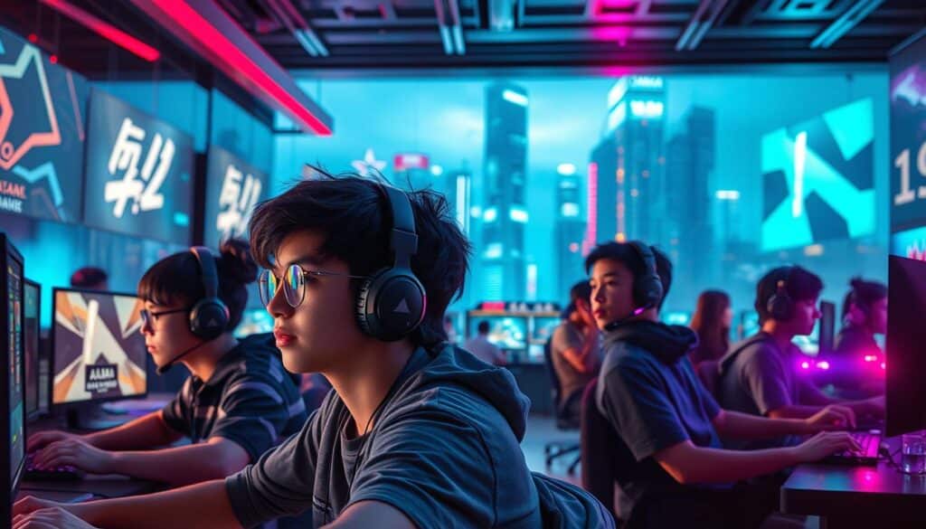 A vibrant and dynamic scene showcasing the key to the success of Alaba Entertainment City. In the foreground, a group of young, tech-savvy gamers immersed in a thrilling online gaming experience, their faces lit by the glow of their screens. The middle ground features a sleek, modern gaming hub, its interior design a harmonious blend of function and style, with ergonomic workstations and cutting-edge hardware. In the background, a striking cityscape of towering skyscrapers and neon-lit billboards, symbolizing the rapid growth and technological prowess of Taiwan's gaming industry. Soft, warm lighting casts a welcoming ambiance, while dynamic camera angles and a sense of motion convey the energy and excitement of the Alaba Entertainment City success story.