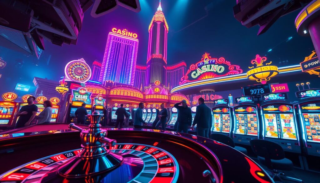 A vibrant and electrifying online casino scene, captured with a cinematic wide-angle lens. The foreground features a dynamic roulette table, the spinning wheel surrounded by a flurry of animated players eagerly placing their bets. The middle ground showcases a variety of slot machines, their screens flashing dazzling arrays of colors and symbols, enticing onlookers. In the background, a towering neon-lit casino facade dominates the skyline, its illuminated signage and elaborate architecture creating a sense of grandeur and excitement. Dramatic lighting casts long shadows, heightening the dramatic tension and energy of the environment. The overall mood is one of palpable anticipation and adrenaline-fueled thrills, capturing the essence of an immersive and captivating online casino experience.