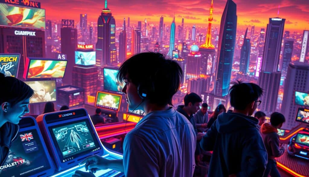 A vibrant and engaging gaming environment set in a dynamic futuristic cityscape. In the foreground, a group of players immersed in a cooperative multiplayer game, their expressions animated with excitement and camaraderie. The middle ground features sleek, neon-lit gaming stations and interactive displays, inviting players to explore and engage. The background showcases a sprawling metropolis with towering skyscrapers, holographic billboards, and a captivating skyline that captures the sense of a technologically advanced and visually striking virtual world. Warm, vivid lighting and a subtle depth of field create a captivating and immersive atmosphere, drawing the viewer into the energetic and dynamic gaming experience.