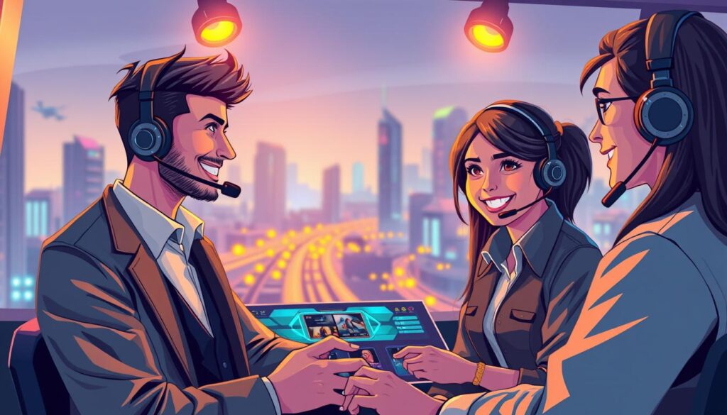A vibrant and engaging illustration showcasing the key elements of effective customer service strategy to enhance the gaming experience. In the foreground, a friendly and attentive customer service representative, dressed in a smart uniform, interacts with a satisfied player, their expressions conveying a positive and collaborative exchange. In the middle ground, a sleek and modern gaming interface, with intuitive controls and clear feedback, creates an immersive experience. The background features a serene, futuristic cityscape, hinting at the scale and sophistication of the online gaming ecosystem. Warm lighting from strategically placed sources illuminates the scene, creating a welcoming and professional atmosphere. The overall composition emphasizes the seamless integration of player, service, and technology, capturing the essence of a superior gaming experience.