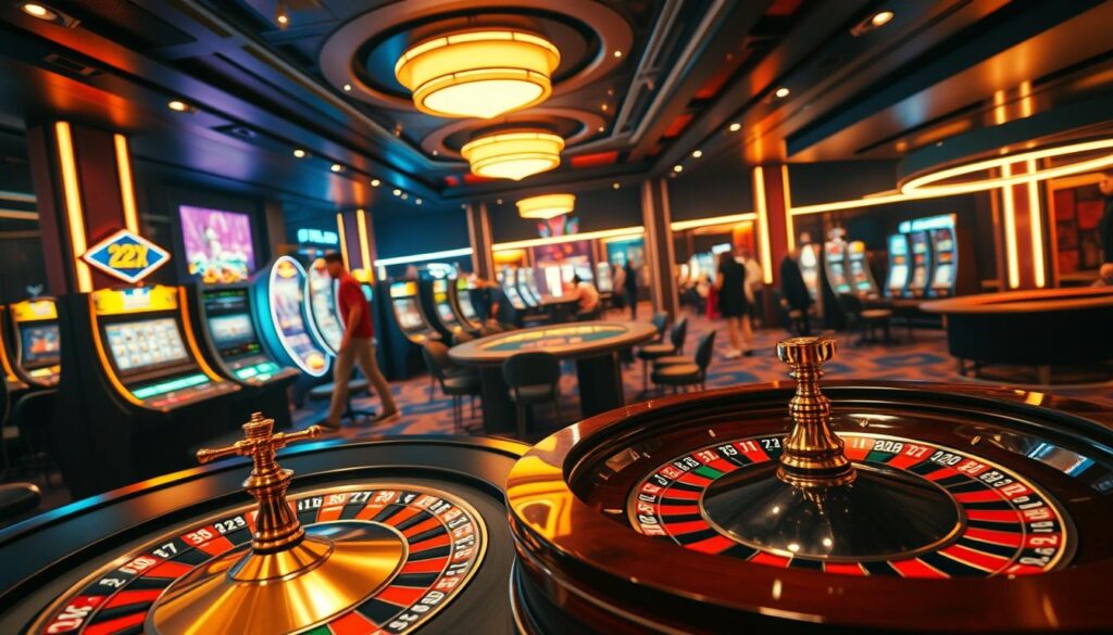 A vibrant and engaging online casino scene, bathed in a warm, inviting glow. In the foreground, a roulette table takes center stage, its spinning wheel and gleaming chips beckoning players to try their luck. The middle ground features a variety of gaming options, from slot machines to blackjack tables, each with its own distinct atmosphere and allure. The background is comprised of a sleek, modern interior design, complete with plush seating and subtle lighting fixtures that create a sense of sophistication and excitement. The overall mood is one of anticipation and thrill, inviting the viewer to step into this captivating world of online gaming.