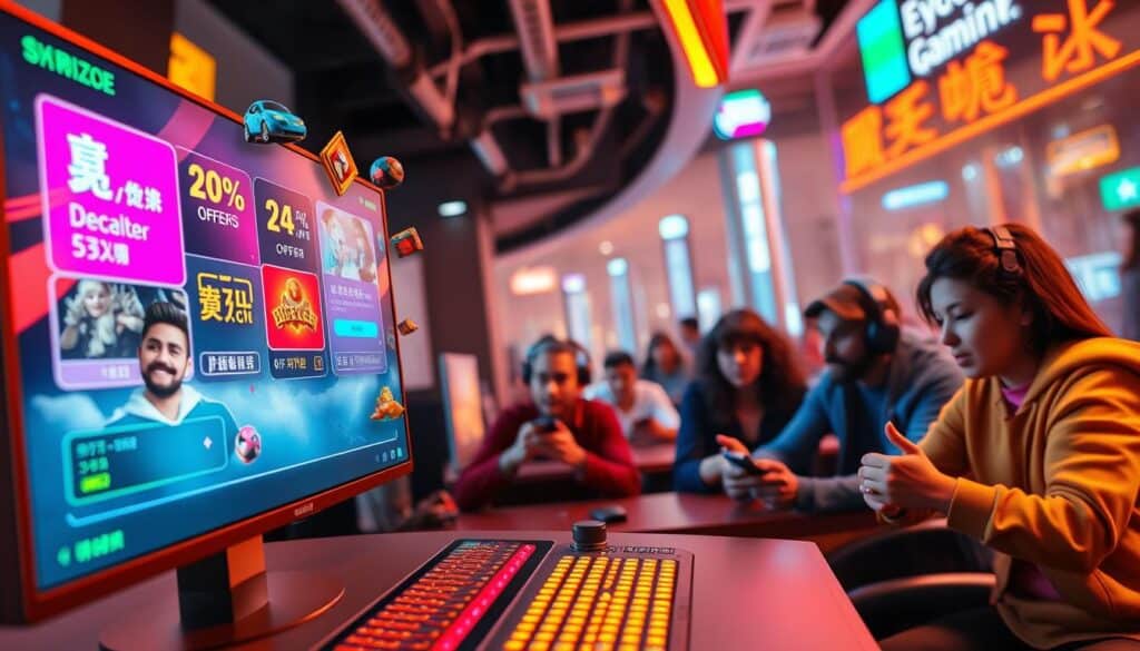 A vibrant and engaging scene of "玩家優惠" set in a modern online gaming environment. In the foreground, various gaming icons and colorful UI elements hover over a sleek, minimalist interface, showcasing special offers, discounts, and rewards for dedicated players. The middle ground features avatars of diverse players immersed in their games, their expressions exuding excitement and anticipation. In the background, a soft, blurred cityscape serves as a backdrop, hinting at the bustling digital landscape of the gaming industry. The scene is illuminated by a warm, inviting lighting scheme, creating a sense of energy and dynamism. The overall composition conveys a sense of user-centric focus, highlighting the game operator's commitment to providing an engaging and rewarding experience for their loyal player base.