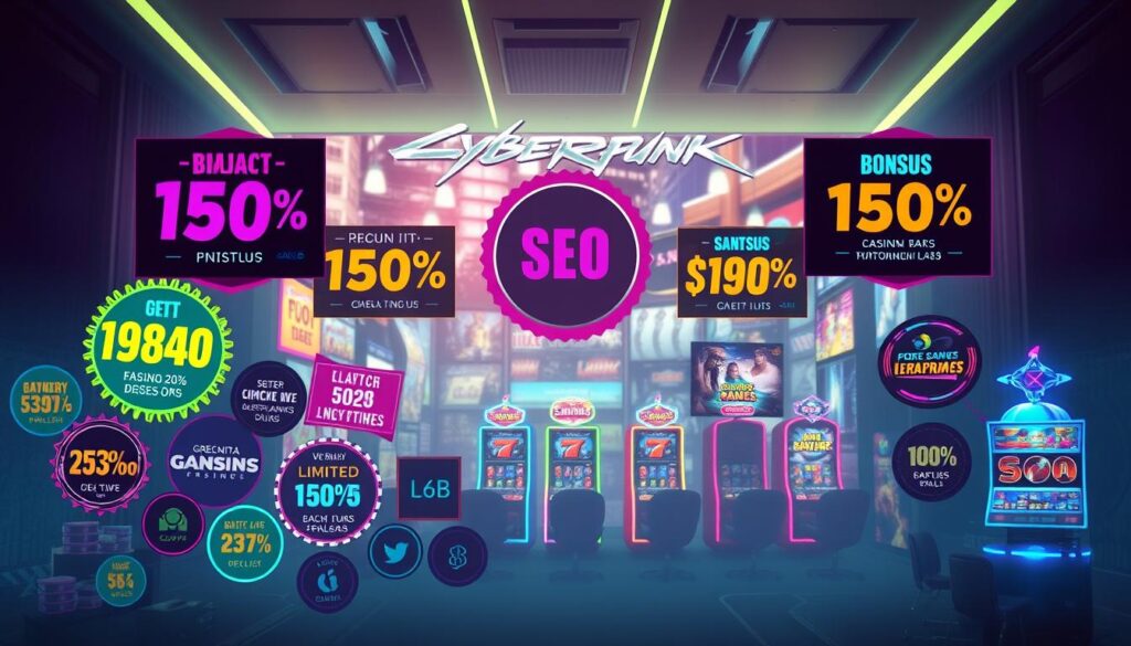 A vibrant and eye-catching display of special offers and promotional deals against a backdrop of a modern, sleekly designed gaming interface. In the foreground, a variety of colorful icons, badges, and banners showcasing various discounts, bonuses, and limited-time deals. The middle ground features enticing images of popular casino games and slot machines, creating a sense of excitement and anticipation. The background is a sophisticated, minimalist design with clean lines and a soft, neutral color palette, allowing the promotional elements to take center stage. The overall composition radiates a sense of energy, opportunity, and a welcoming atmosphere for casino enthusiasts.