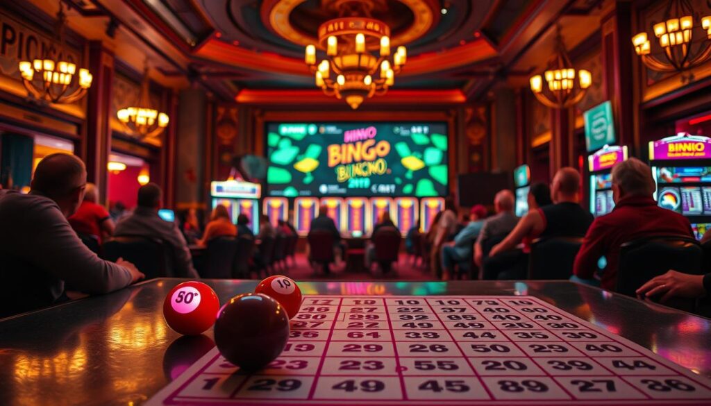 A vibrant and immersive bingo gaming experience set against a warm, inviting atmosphere. The foreground features a table with a classic bingo card, glowing numbered balls, and players eagerly awaiting the next call. Soft, ambient lighting casts a cozy glow, while the middle ground showcases an elegant bingo hall with plush seating and decorative elements that evoke a sense of excitement and anticipation. In the background, a large digital screen displays the game's progress, adding to the dynamic and interactive nature of the scene. The overall composition conveys the allure of bingo, its captivating gameplay, and the social camaraderie that makes it a beloved pastime.