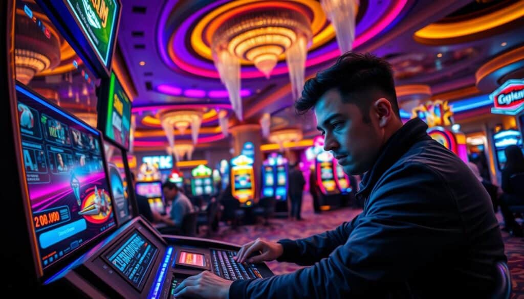 A vibrant and immersive casino gaming experience, with a strategic player showcasing their skills amid a backdrop of flashing lights, neon hues, and dynamic action. The foreground features an engaged gamer intently studying the game controls, their expression focused and determined. The middle ground captures the bustling energy of the casino floor, with patrons engaged in various table games and slot machines. The background is a sweeping panorama of the casino's opulent interior, adorned with luxurious decor and a sense of excitement and possibility. The lighting is warm and theatrical, casting dramatic shadows and highlights that enhance the dynamic atmosphere. The angle is slightly elevated, providing a compelling, bird's-eye view of the captivating gaming environment.