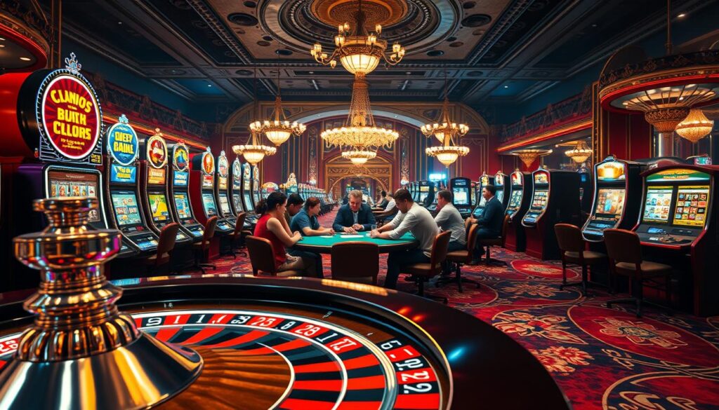 A vibrant and immersive casino gaming scene, showcasing a diverse array of popular casino games. In the foreground, a roulette wheel spins, its polished metal and bright lights capturing the thrill of the spin. Behind it, rows of slot machines with flashing lights and enticing imagery draw in players. In the middle ground, a card table is surrounded by players engaged in a high-stakes game of poker, their faces alight with concentration. In the background, a grand, ornate casino interior sets the stage, with chandeliers casting a warm glow and plush carpeting underfoot. The overall atmosphere exudes excitement, energy, and the promise of potential winnings, capturing the essence of the casino gaming experience.