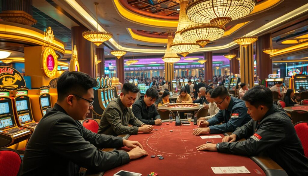 A vibrant and immersive casino gaming scene, showcasing the sophisticated techniques and strategies of skilled Taiwanese players. In the foreground, a group of players deeply engaged in a high-stakes table game, their expressions intense as they make calculated moves. The middle ground features a variety of casino-themed elements, such as gleaming slot machines, roulette wheels, and elegant chandeliers, all bathed in a warm, atmospheric lighting. In the background, a panoramic view of the casino floor, with crowds of guests mingling and enjoying the lively ambiance. The scene conveys a sense of excitement, expertise, and the thrill of mastering the art of casino gaming.