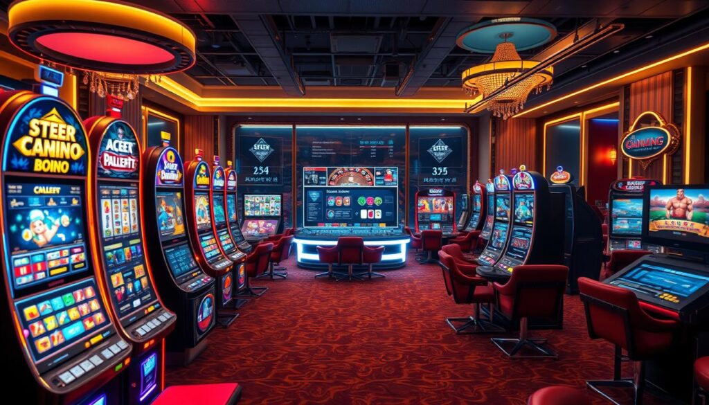 A vibrant and immersive casino scene, showcasing a diverse array of online gambling games. In the foreground, colorful slot machines with flashing lights and alluring designs capture the attention. The middle ground features a sleek, modern interface with various table games such as roulette, blackjack, and poker, inviting players to engage in thrilling gameplay. The background sets the scene with a sophisticated ambiance, featuring warm lighting, plush furnishings, and a touch of glamour, evoking the atmosphere of a high-end online casino. The overall composition conveys a sense of excitement, entertainment, and the thrill of chance, capturing the essence of the "線上娛樂城遊戲評價" experience.