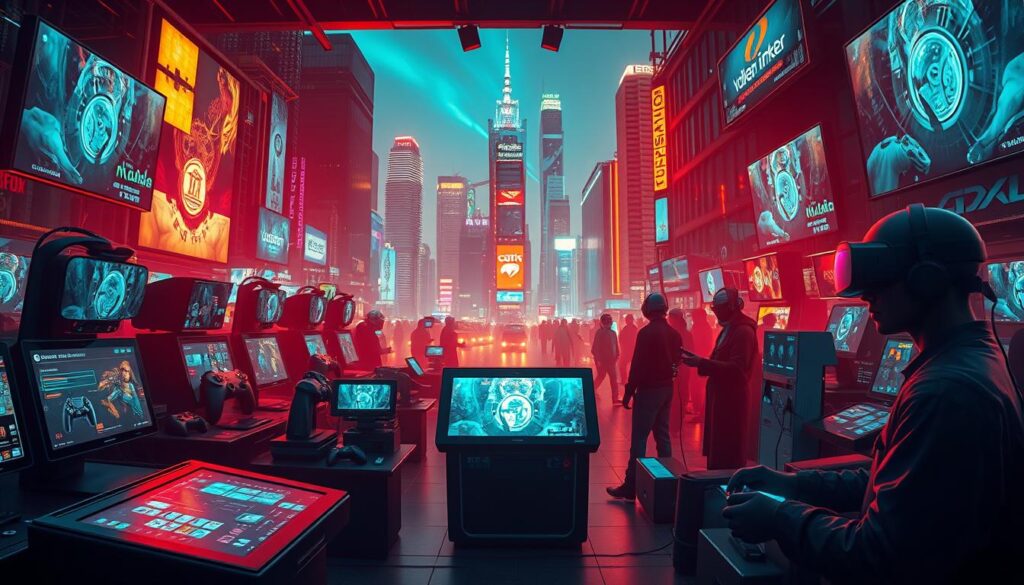 A vibrant and immersive digital entertainment hub, showcasing a variety of cutting-edge payment options. In the foreground, an array of intuitive touchscreen interfaces and sleek digital wallets facilitate seamless transactions. The middle ground features a diverse selection of gaming consoles, virtual reality headsets, and interactive displays, all designed to captivate the user. In the background, a futuristic skyline with towering skyscrapers and neon-lit billboards creates a dynamic and technologically advanced atmosphere. Warm, diffused lighting casts a vibrant glow over the scene, evoking a sense of excitement and innovation. The overall composition conveys the influence of payment methods on the immersive and engaging experience of the modern entertainment city.