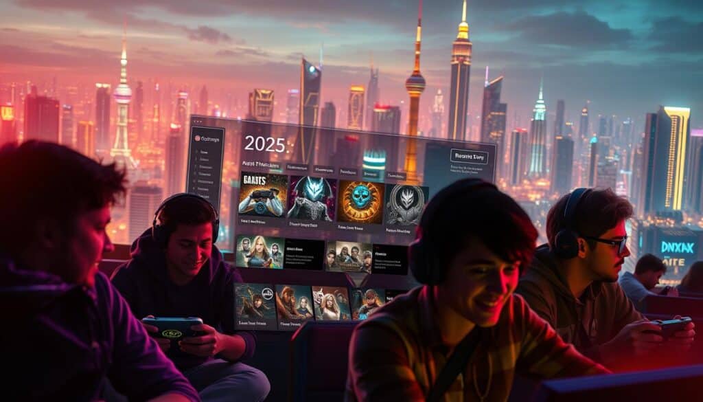 A vibrant and immersive digital landscape showcasing the top online gaming recommendations for 2025. In the foreground, a group of energetic gamers engaged in a captivating multiplayer session, their faces illuminated by the glow of high-resolution displays. The middle ground features a sleek, futuristic user interface with intuitive navigation, highlighting the latest game titles and genres. In the background, a cityscape of skyscrapers and neon-lit towers reflects the global reach and interconnectivity of the online gaming world. The scene exudes a sense of excitement, technological innovation, and the thrill of cutting-edge digital entertainment.