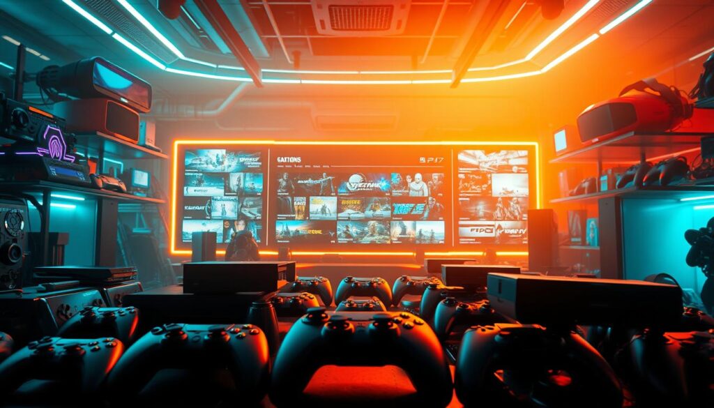 A vibrant and immersive game selection showcase, capturing the essence of a modern entertainment hub. In the foreground, a diverse array of gaming consoles, controllers, and virtual reality headsets are prominently displayed, inviting the viewer to envision the interactive experiences on offer. The middle ground features a sleek, minimalist interface displaying an array of game titles and genres, hinting at the depth and variety of entertainment options. The background is bathed in a warm, inviting glow, creating a sense of energy and excitement, conveying the lively atmosphere of an engaging gaming destination. Crisp, high-resolution imaging with a cinematic depth of field, emphasizing the premium quality and cutting-edge technology that define this recreational oasis.