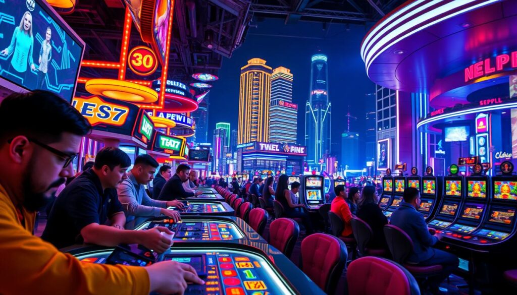 A vibrant and immersive gaming scene featuring a variety of traditional casino table games and modern digital displays. The foreground showcases players engrossed in the action, their expressions reflecting the thrill of high-stakes gameplay. The middle ground features a sleek, neon-lit gaming floor with rows of slot machines and interactive kiosks. In the background, a panoramic view of a bustling entertainment district, with towering skyscrapers and bright neon signs illuminating the night sky. Intricate lighting and depth of field create a sense of energy and excitement, drawing the viewer into the captivating world of the modern gaming paradise.