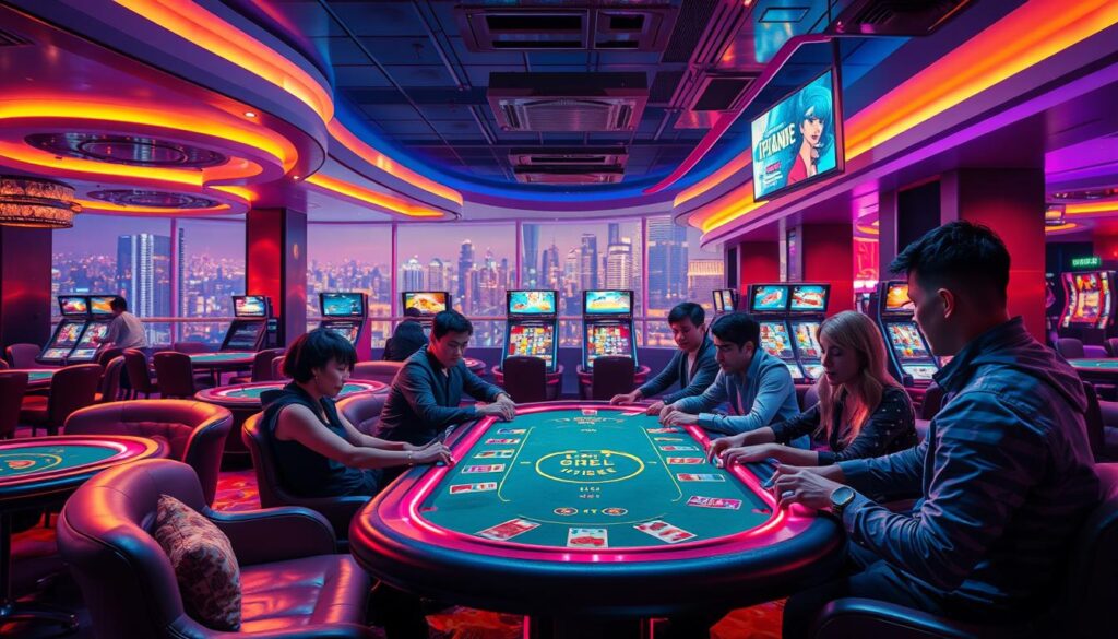 A vibrant and immersive online casino gaming experience, with a focus on evaluating the gameplay, user experience, and overall entertainment value. The scene depicts a sleek, modern casino interior, featuring plush seating, neon-lit gaming tables, and a captivating atmosphere. Soft, directional lighting illuminates the space, creating a sense of anticipation and excitement. In the foreground, a group of players engages in a lively card game, their expressions and body language conveying the thrill of the moment. The middle ground showcases a range of digital displays, showcasing the diverse game offerings and their respective ratings or reviews. In the background, the scene is framed by a panoramic view of a bustling cityscape, hinting at the broader context of the online gaming industry. The overall composition and attention to detail aim to capture the essence of the gaming experience and its significance within the article's subject matter.