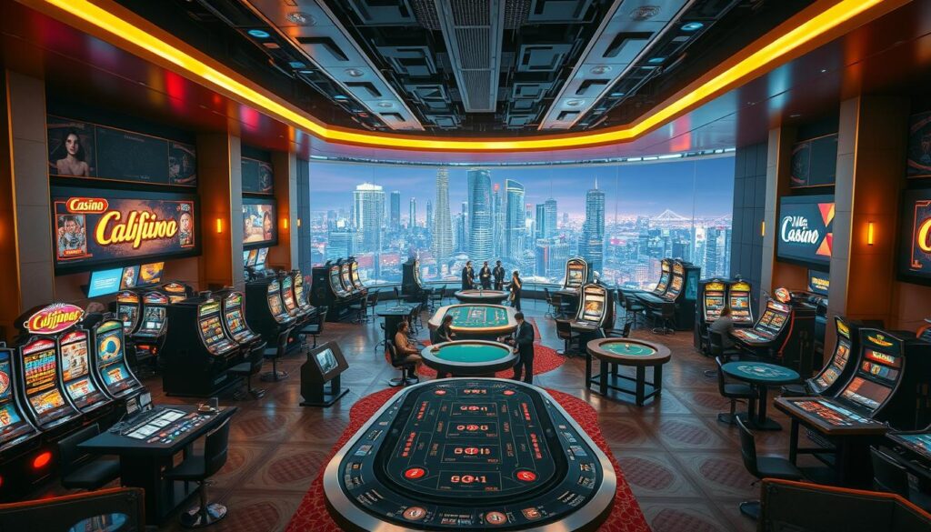 A vibrant and immersive online casino gaming platform, showcasing a diverse array of captivating game types. In the foreground, a high-resolution image of a sleek, modern casino lobby, featuring a central gaming table surrounded by a variety of slot machines, poker tables, and other interactive gaming stations. The middle ground showcases a range of popular casino games, such as roulette, blackjack, and baccarat, with players engaged in the action. The background depicts a cityscape, hinting at the urban setting of this cutting-edge gaming destination. The scene is illuminated by a warm, inviting lighting, creating a sense of excitement and anticipation. Detailed textures, realistic shadows, and a cinematic camera angle combine to deliver a visually striking and engaging representation of the online casino gaming experience.