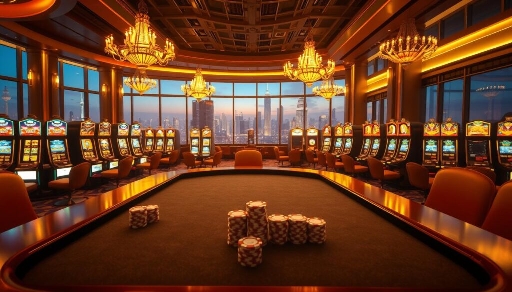 A vibrant and immersive online casino scene, bathed in a warm, golden glow. The foreground features a sleek, modern gaming table with polished wooden surfaces and a felt-covered betting area. Stacks of casino chips in various denominations are scattered across the table, inviting the player to place their wagers. In the middle ground, rows of slot machines stand ready, their screens flashing dazzling arrays of symbols and lights. The background showcases a luxurious casino interior, with plush carpeting, ornate chandeliers, and a panoramic view of the city skyline through floor-to-ceiling windows. The overall atmosphere exudes a sense of excitement, sophistication, and the thrill of the gaming experience.