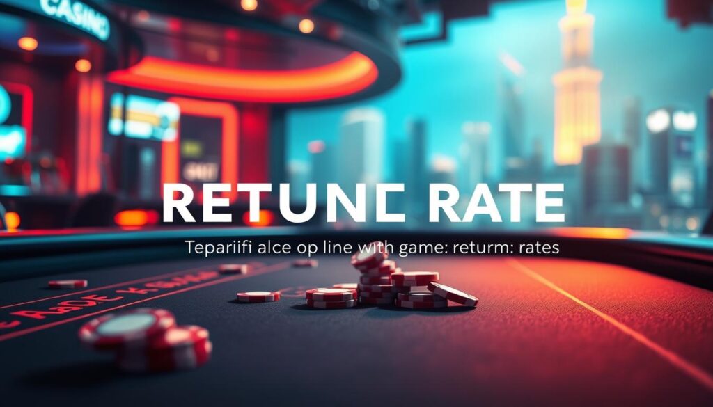 A vibrant and immersive online casino scene, featuring a dynamic game table with virtual chips cascading across the felt surface. The lighting casts a warm, inviting glow, highlighting the sleek, modern design of the gaming interface. In the background, a blurred city skyline sets the stage, hinting at the thrill and excitement of high-stakes gameplay. The image conveys a sense of balance, with the returns and payouts represented through a subtle, yet visually captivating overlay, showcasing the meaningful impact of the game's return rate on the player's experience.