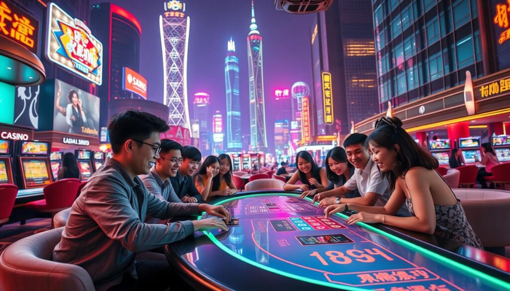 A vibrant and immersive online casino scene, set against the backdrop of Taiwan's bustling cityscape. In the foreground, a group of enthusiastic players gathered around a sleek, modern gaming table, their expressions animated with excitement as they engage in a high-stakes round of their favorite casino game. The middle ground is dominated by the warm, inviting glow of the casino's interior, with plush furnishings and state-of-the-art gaming equipment creating an atmosphere of luxury and indulgence. In the background, the iconic skyscrapers and neon-lit streets of Taiwan's urban landscape provide a vibrant, dynamic setting, conveying a sense of the country's thriving entertainment culture and the popularity of online casino gaming among its residents.