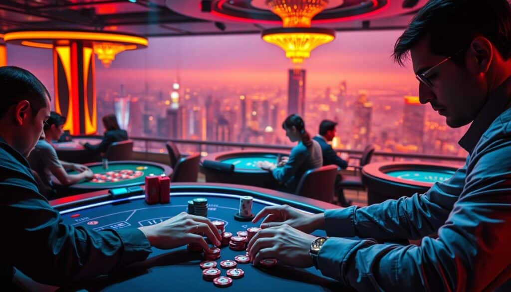 A vibrant and immersive online casino scene, with sleek and modern gaming tables, illuminated by a warm, atmospheric lighting. In the foreground, a skilled player expertly maneuvers poker chips, their face a mask of concentration as they strategize their next move. The middle ground features other players engaged in lively games of blackjack and roulette, the thrill of the gameplay palpable. In the background, a panoramic view of a bustling city skyline, hinting at the global reach and influence of the online gaming industry. The overall mood is one of excitement, strategy, and the tantalizing promise of potential winnings, capturing the essence of the "Online Casino Tactics" section.