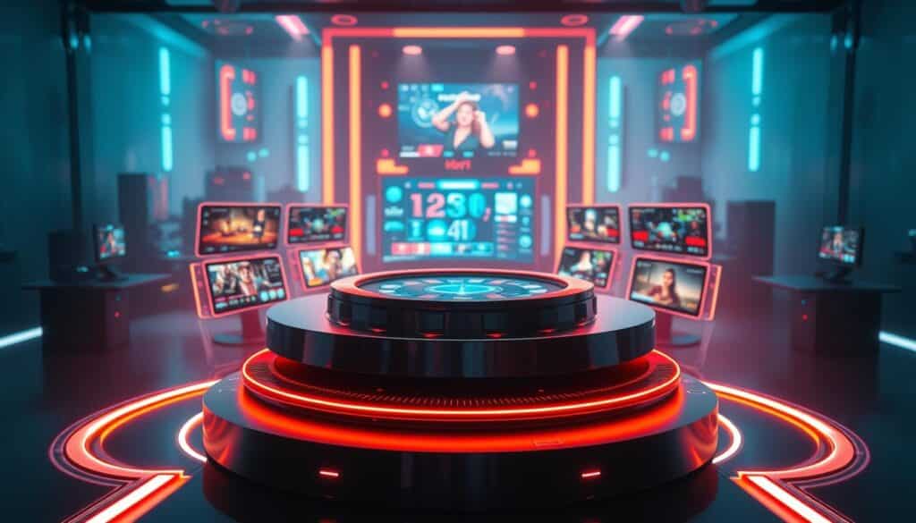 A vibrant and immersive online entertainment hub, showcasing a sleek futuristic interface against a subtly blurred background. The foreground features a central circular gaming platform surrounded by a ring of holographic displays, each showcasing a different virtual casino game or live-streamed event. Subtle neon accents illuminate the scene, creating a captivating atmosphere of excitement and technological sophistication. Soft, directional lighting casts dramatic shadows, adding depth and visual interest. The overall composition evokes a sense of cutting-edge innovation, seamlessly blending the physical and digital realms to offer a truly immersive online entertainment experience.