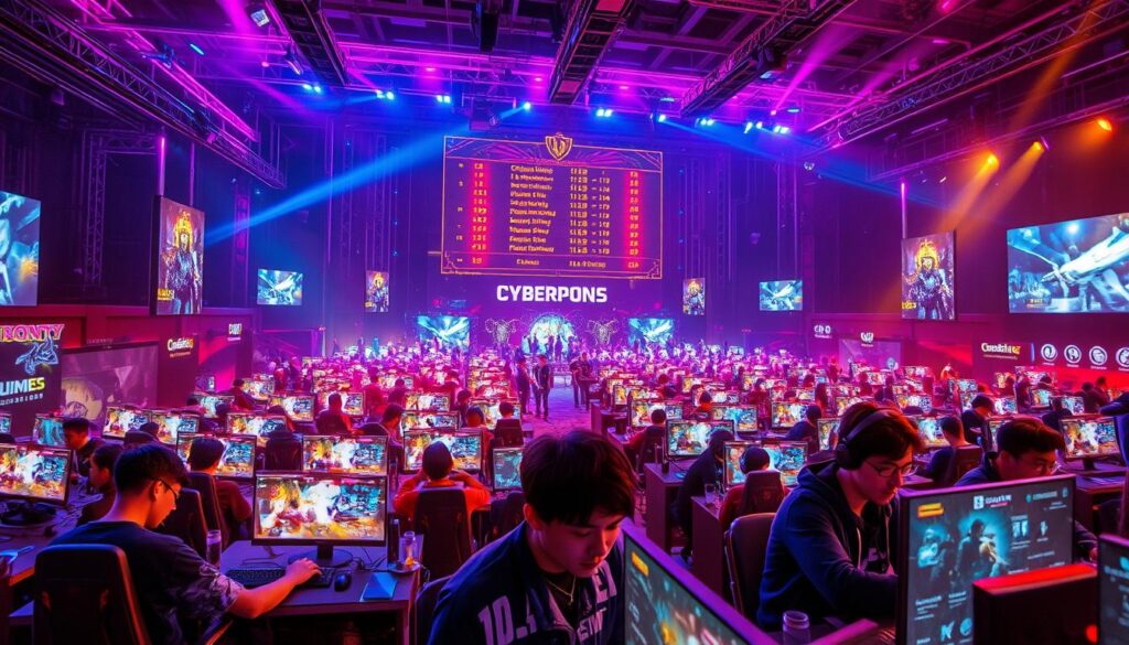 A vibrant and immersive online gaming competition arena, bathed in a dynamic array of neon lights and digital effects. In the foreground, players engage in intense esports matches, their expressions focused and determined as they command their characters through the virtual battlegrounds. The middle ground showcases a diverse range of game genres, from first-person shooters to real-time strategy titles, each with its own distinct visual style and gameplay mechanics. In the background, a massive scoreboard displays the standings and highlights the ongoing tournament, creating a sense of high-stakes excitement. The scene is illuminated by a combination of warm, theatrical lighting and cool, computer-generated luminescence, capturing the thrill and energy of competitive online gaming.
