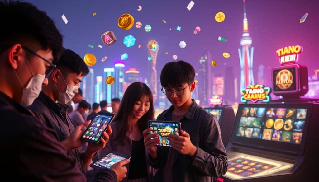 A vibrant and immersive scene showcasing the latest and most popular online casino games in Taiwan. In the foreground, a group of engaged players interact with sleek, high-resolution game interfaces on their mobile devices, their faces lit by the warm glow of the screens. In the middle ground, a dynamic and diverse array of game icons and symbols float and dance, representing the wide variety of titles available. The background is dominated by a striking city skyline, hinting at the urban energy and modernity of the Taiwanese gaming landscape. The lighting is soft and inviting, creating a sense of excitement and anticipation. The overall mood is one of technological advancement, social engagement, and a thriving entertainment ecosystem.