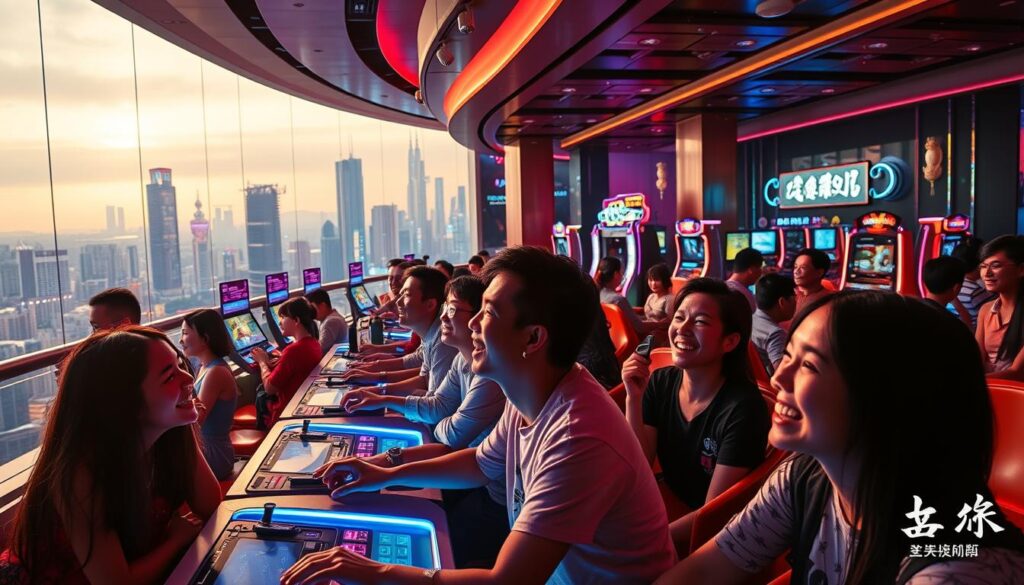 A vibrant and immersive scene showcasing the success of 阿拉八娛樂城. In the foreground, a group of patrons engaged in lively gaming activities, their faces alight with excitement. The middle ground features the sleek and modern interior design of the entertainment complex, with plush seating, neon-lit gaming stations, and a seamless blend of traditional Taiwanese elements. The background captures the skyline of the bustling city, hinting at the thriving local tourism and entertainment industry. The lighting is warm and inviting, creating a sense of energy and celebration. The composition emphasizes the integration of technology, culture, and entertainment, capturing the essence of 阿拉八娛樂城's successful formula.
