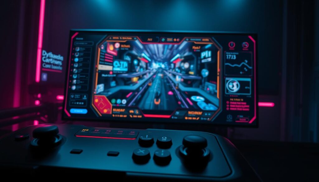 A vibrant and immersive user interface, showcasing a sleek and intuitive design. The foreground features a streamlined control panel with responsive buttons and intuitive navigation menus, allowing seamless interaction. The middle ground depicts a dynamic game screen, with crisp visuals and captivating animations that draw the user in. The background sets the mood with a subtle, yet striking gradient, complementing the overall aesthetic. Lighting is soft and diffused, creating a sense of depth and sophistication. The camera angle is slightly elevated, providing a comprehensive view of the interface's layout and functionality. The overall atmosphere evokes a sense of technological prowess and user-centric design, perfectly suited for an engaging online gaming experience.