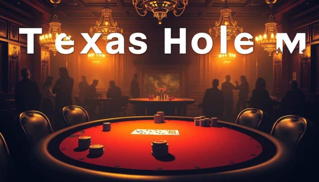 A vibrant and informative illustration of the basic rules of Texas Hold'em poker. Set in a dimly lit, wood-paneled casino interior, the image features a centered table with cards, chips, and a dealer's hand prominently displayed. The table is illuminated by a warm, golden light from overhead chandeliers, casting a mellow, inviting atmosphere. In the background, hazy silhouettes of players and spectators create a sense of immersion and energy. The composition emphasizes clarity and simplicity, allowing the key elements of the game's fundamentals to shine. The overall mood is one of sophisticated strategy and intellectual engagement, perfectly suited to introduce the subject of Texas Hold'em's depth and complexity.