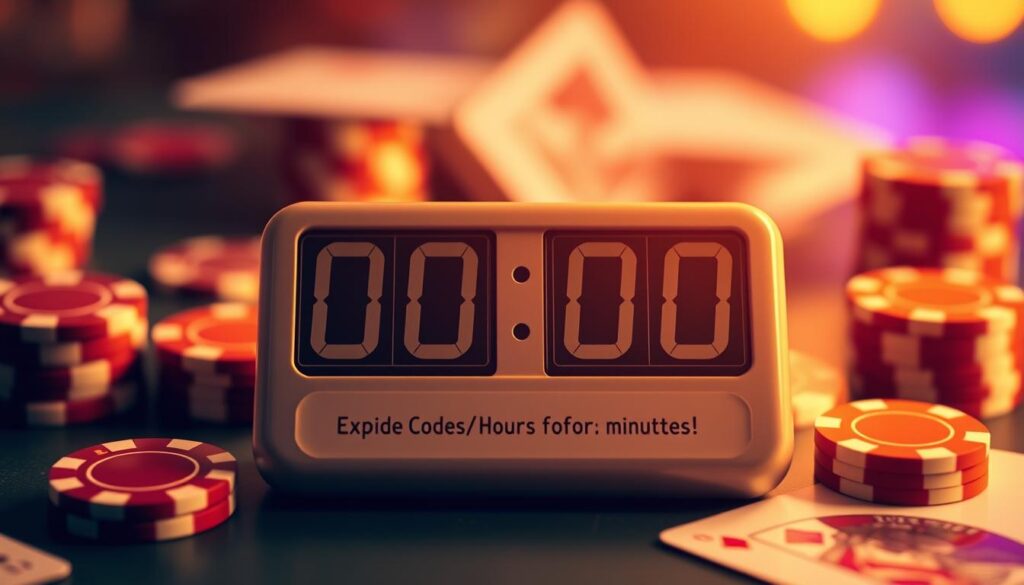 A vibrant and informative image depicting the expiration date of a promotional code for an online casino. Set against a softly blurred background of casino chips and playing cards, a clear and prominent countdown timer dominates the frame, displaying the number of days, hours, minutes and seconds remaining before the code becomes invalid. The timer's digits are crisp and legible, with a clean, modern design that conveys a sense of urgency and importance. Subtle lighting from above casts warm, golden hues across the scene, creating a sense of urgency and anticipation. The overall mood is one of excitement and opportunity, inviting the viewer to take advantage of the limited-time offer before it expires.