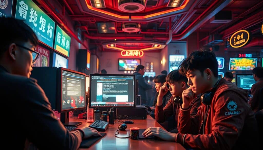 A vibrant and informative scene depicting the common gaming issues faced by Taiwanese players in online casinos. The foreground features a group of gamers huddled around a desk, expressions of confusion and frustration on their faces as they grapple with technical problems and game mechanics. The middle ground showcases a glowing computer screen displaying error messages and confusing interfaces, while the background is filled with the bustling atmosphere of an internet cafe, with other players engaged in their own gaming activities. The lighting is warm and inviting, creating a sense of immersion and realism. The scene is captured through a wide-angle lens, providing a comprehensive view of the gaming environment and the shared experiences of the players.