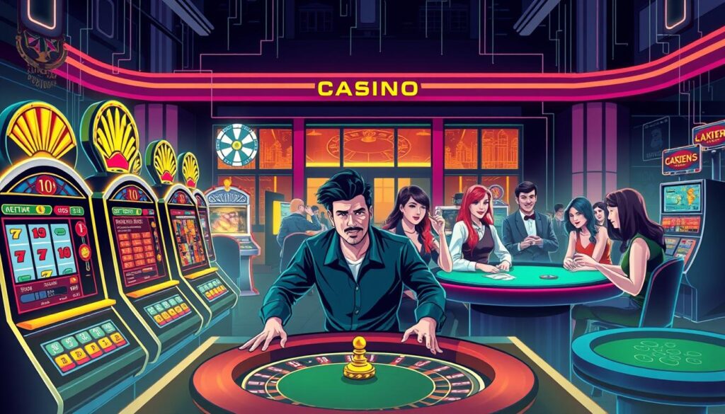 A vibrant and inviting illustration showcasing the key fundamentals of online casino gaming. In the foreground, a dynamic interface features a range of classic casino games such as slot machines, roulette wheels, and card tables, all rendered in a stylized, eye-catching manner. The middle ground depicts a group of enthusiastic players immersed in the gaming experience, their expressions conveying a sense of excitement and engagement. In the background, a sleek and modern casino facade sets the scene, with subtle neon lighting and architectural details that evoke the glamour and allure of the entertainment industry. The overall composition should strike a balance between informative clarity and visually captivating aesthetics, drawing the viewer into the world of online casino gaming.
