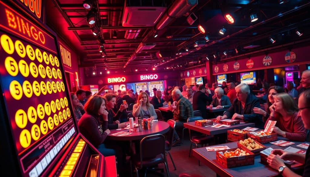 A vibrant and lively bingo hall scene, with players eagerly anticipating the next number to be called. In the foreground, a large, illuminated bingo board displays the current game, its numbers shimmering under warm, golden lighting. Surrounding the board, groups of excited players lean forward, their faces alight with anticipation, fingers poised on their daubers. In the middle ground, tables are scattered with brightly colored bingo cards and snacks, creating a convivial atmosphere. The background features the energetic hum of the bingo hall, with spotlights casting a festive glow and the sound of the caller's voice echoing through the space. The overall scene conveys the thrill and excitement of a memorable bingo event, enticing the viewer to imagine the potential for big wins and unforgettable experiences.