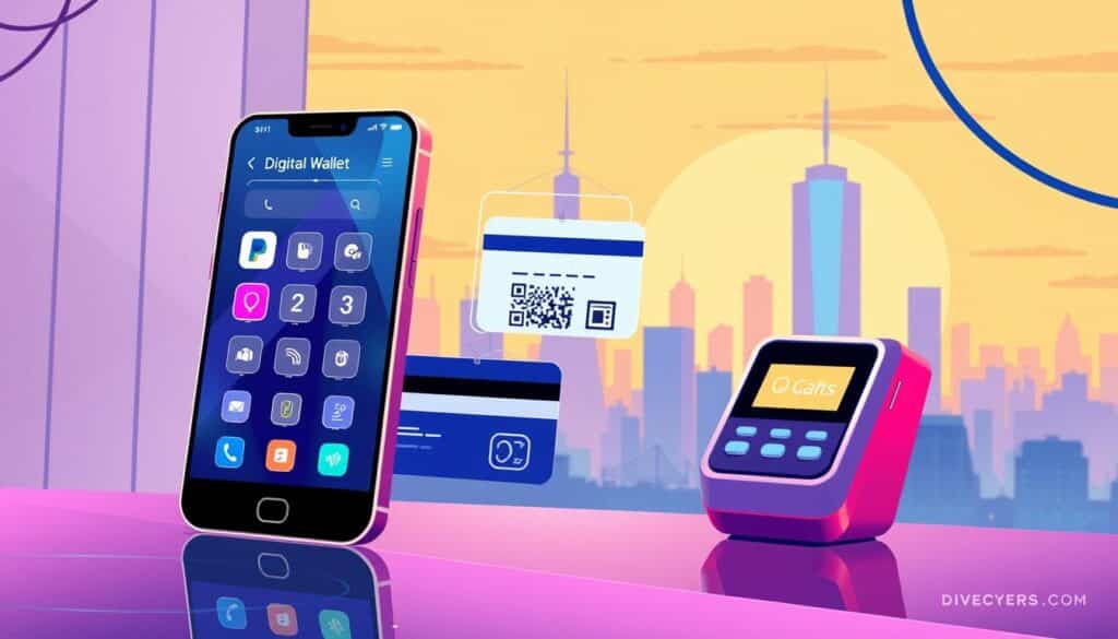 A vibrant and modern illustration showcasing various digital payment methods. In the foreground, a sleek smartphone displays a digital wallet interface, with icons representing popular payment apps. The middle ground features a credit card, a QR code, and a contactless payment terminal, all rendered in a clean, minimalist style. The background depicts a minimalist cityscape, with skyscrapers and urban landscapes, conveying a sense of a bustling, tech-savvy environment. The overall composition is balanced, with a warm lighting scheme and a color palette that evokes a sense of convenience and accessibility, reflecting the theme of "使用便利的支付方式".