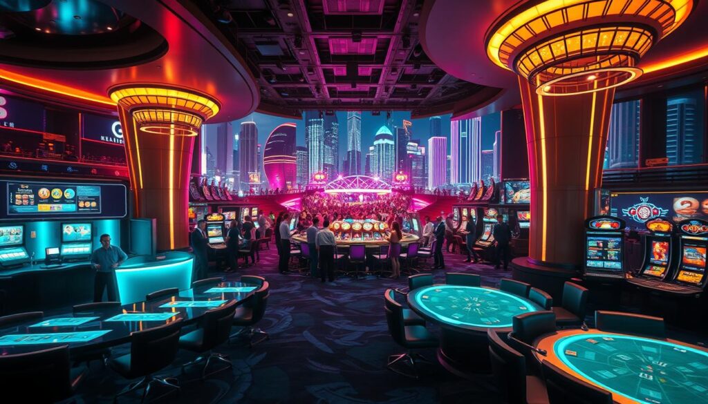 A vibrant and modern online casino, Guan Li Entertainment City showcases an immersive gaming experience. In the foreground, a sleek, high-contrast interior with plush seating, neon-lit tables, and servers attending to guests. The middle ground features a central stage with dazzling light displays and a crowd of enthusiastic players. The background reveals a panoramic cityscape, with towering skyscrapers and a vibrant nightlife. Lighting is dramatic, with a mix of warm and cool tones creating an energetic atmosphere. The camera angle is slightly elevated, capturing the grandeur and excitement of this premier gaming destination.