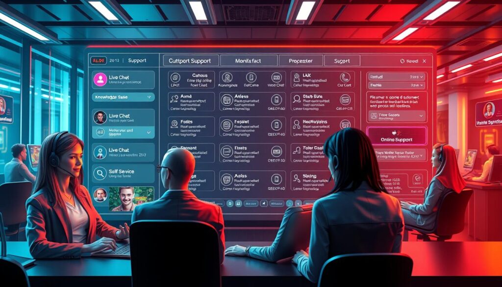 A vibrant and modern online casino customer support channel, with a sleek and intuitive interface. The foreground features a group of diverse customer service agents, each represented by a detailed avatar, engaging in lively conversations with customers through various communication tools such as live chat, video calling, and messaging. The middle ground showcases a variety of support channels, including a knowledge base, FAQs, and self-service options. The background depicts a sophisticated and high-tech environment, with a clean and minimalist aesthetic, complemented by warm lighting and subtle details that evoke a sense of professionalism and trust. The overall image conveys the seamless integration of cutting-edge technology and personalized human interaction, creating a comprehensive and accessible customer support experience for the online entertainment industry.
