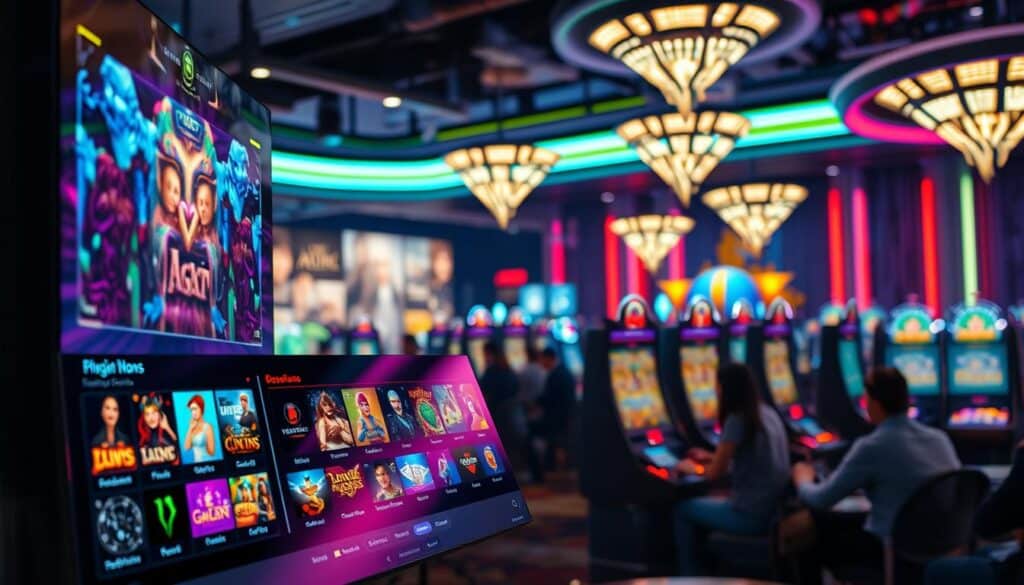 A vibrant and modern online gambling platform, showcasing a sleek user interface and an array of captivating casino games. The foreground features a central display showcasing the variety of games available, with icons and visuals that immediately draw the eye. The middle ground depicts a group of players engaged in lively gameplay, their expressions conveying the thrill and excitement of the experience. The background sets the scene with a sophisticated color palette, hinting at the luxurious and immersive atmosphere of the platform. The overall composition is balanced, with a sense of depth and dynamism that invites the viewer to imagine themselves as part of the action. Soft, diffused lighting creates a welcoming ambiance, while a subtle depth of field emphasizes the focus on the central elements.